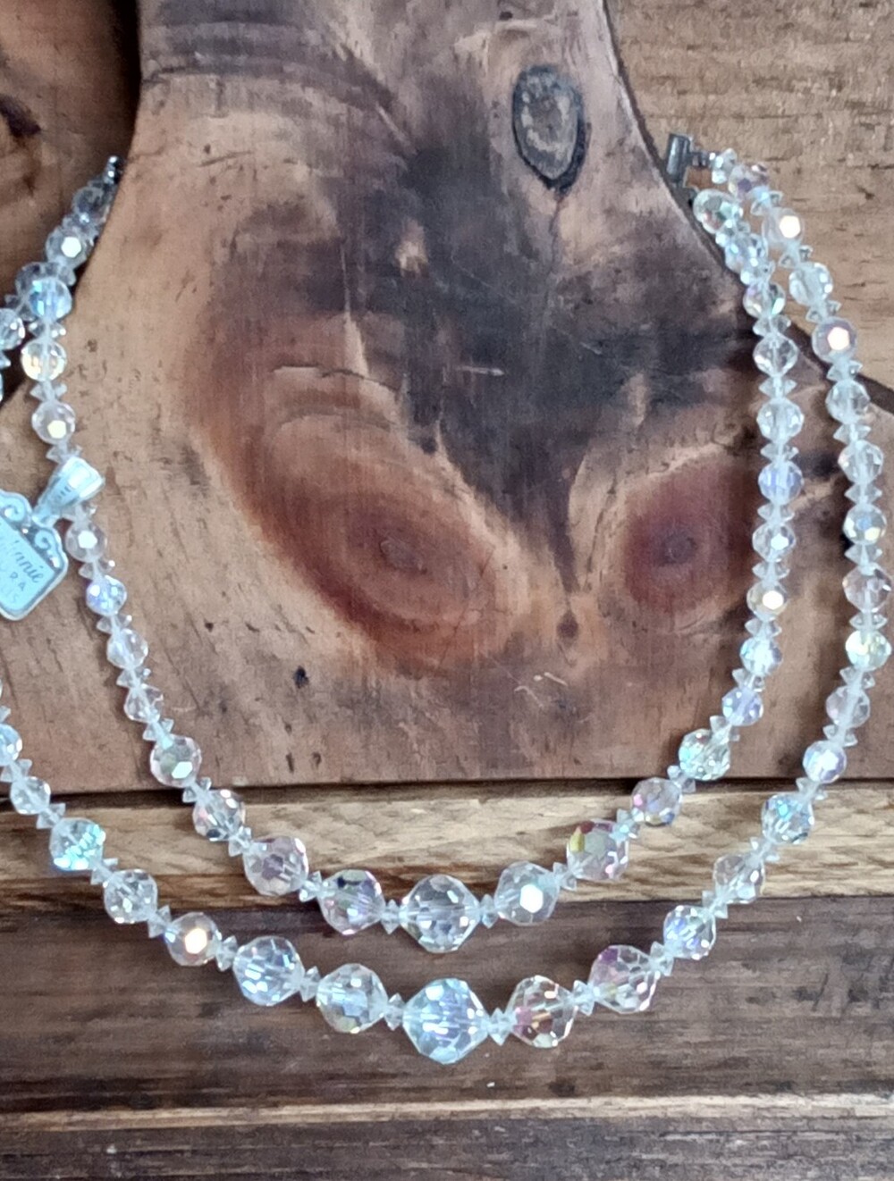 Vintage "Stephanie"Aurora Crystal Bead Necklace - Clear Iridescent